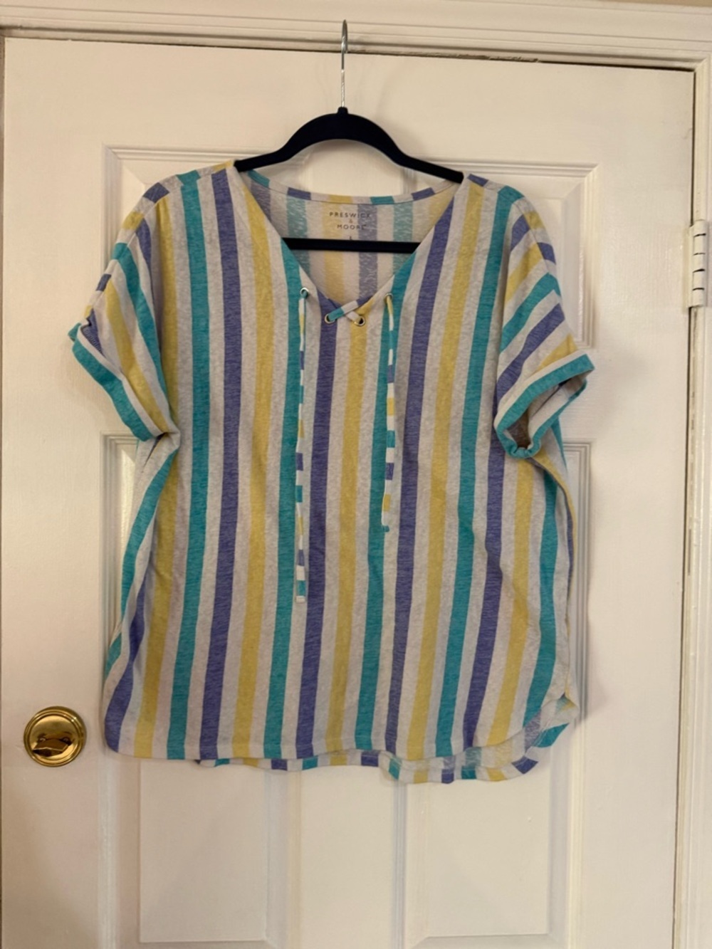 Preswick & Moore Striped Short Sleeve Top in Teal, Yellow & Lavender